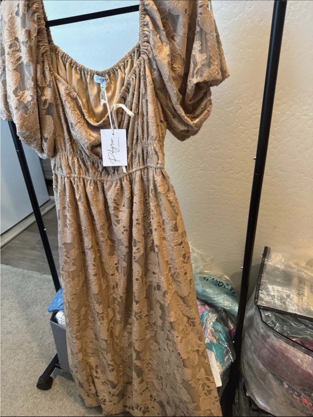 Boho Lace Maxi Dress in Camel by polagram L
